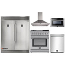Forno 5-Piece Appliance Package - 30-Inch Dual Fuel Range with Air Fryer, 56-Inch Pro-Style Refrigerator, Wall Mount Hood, Microwave Drawer, & 3-Rack Dishwasher in Stainless Steel