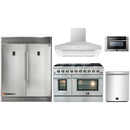 Forno 5-Piece Appliance Package - 48-Inch Gas Range, 56-Inch Pro-Style Refrigerator, Wall Mount Hood, Microwave Drawer, & 3-Rack Dishwasher in Stainless Steel