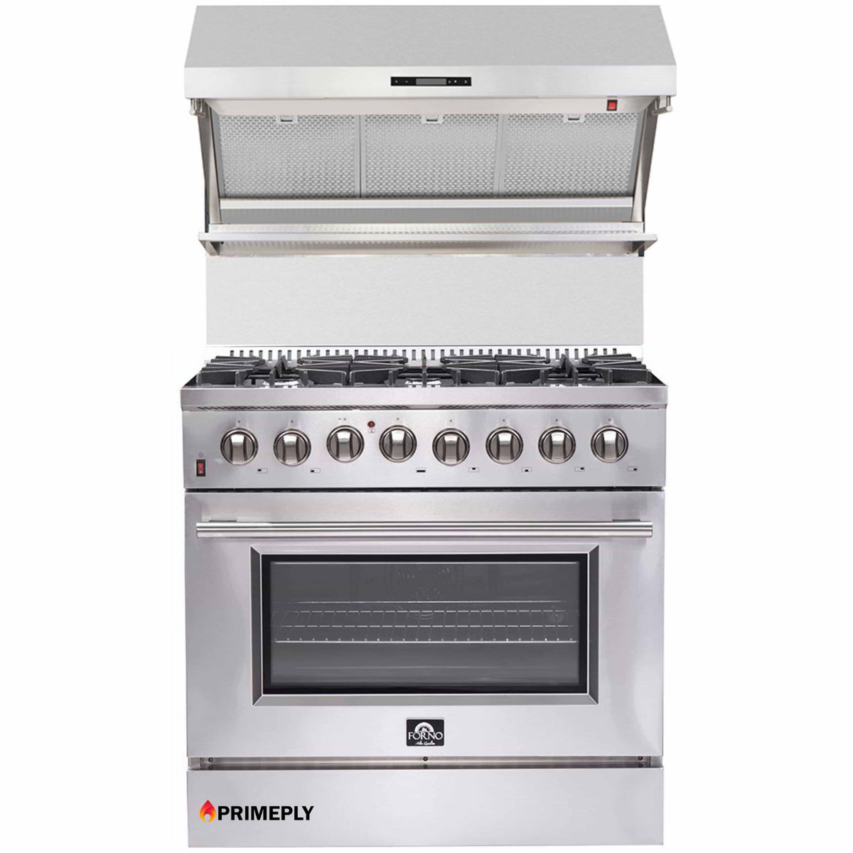 Forno 2-Piece Appliance Package - 36-Inch Dual Fuel Range & Wall Mount Hood with Backsplash in Stainless Steel