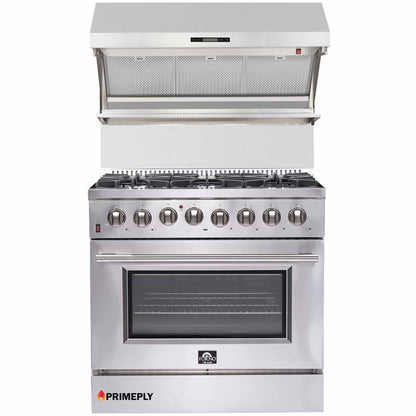 Forno 2-Piece Appliance Package - 36-Inch Dual Fuel Range & Wall Mount Hood with Backsplash in Stainless Steel