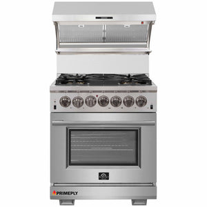 Forno 2-Piece Pro Appliance Package - 30-Inch Dual Fuel Range & Wall Mount Hood with Backsplash in Stainless Steel