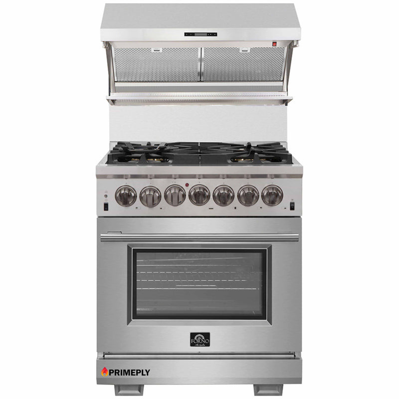 Forno 2-Piece Pro Appliance Package - 30-Inch Dual Fuel Range & Wall Mount Hood with Backsplash in Stainless Steel