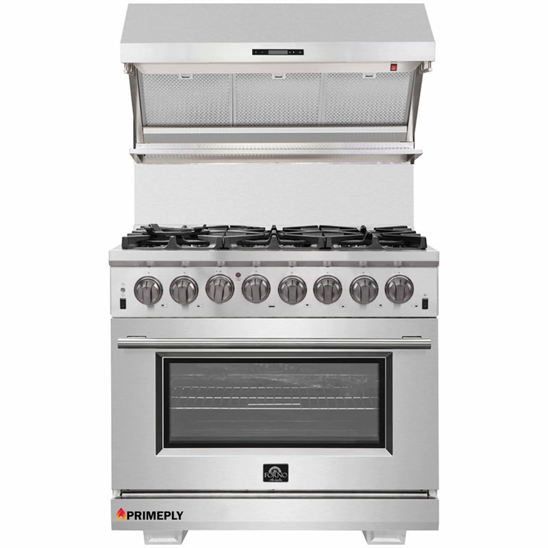 Forno 2-Piece Pro Appliance Package - 36-Inch Dual Fuel Range & Wall Mount Hood with Backsplash in Stainless Steel