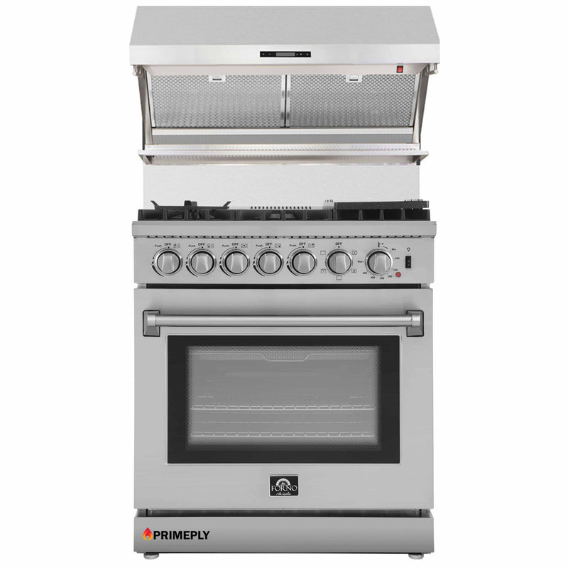 Forno 2-Piece Appliance Package - 30-Inch Dual Fuel Range with Air Fryer & Wall Mount Hood with Backsplash in Stainless Steel