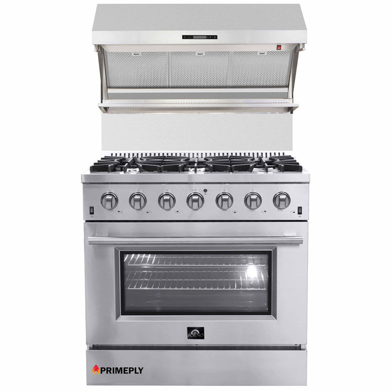 Forno 2-Piece Appliance Package - 36-Inch Gas Range & Wall Mount Hood with Backsplash in Stainless Steel