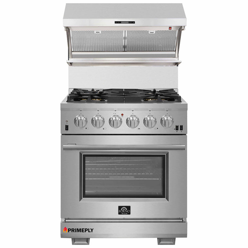 Forno 2-Piece Pro Appliance Package - 30-Inch Gas Range & Wall Mount Hood with Backsplash in Stainless Steel