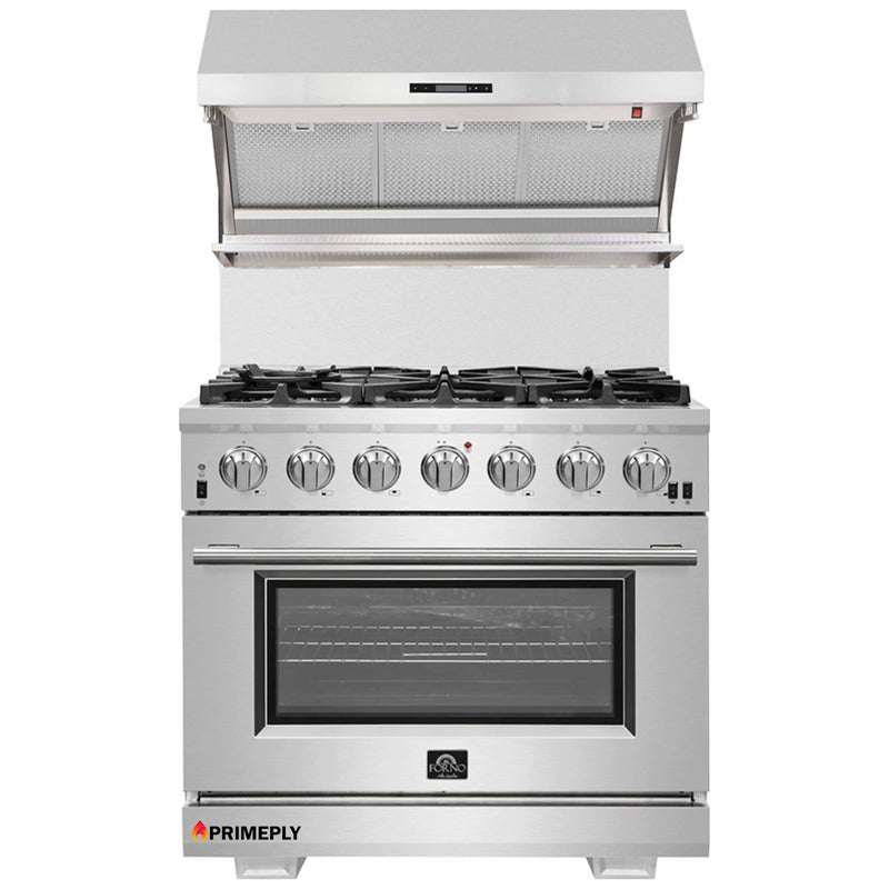 Forno 2-Piece Pro Appliance Package - 36-Inch Gas Range & Wall Mount Hood with Backsplash in Stainless Steel