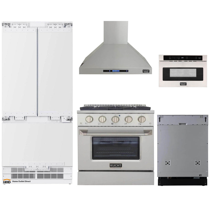 Kucht 5-Piece Appliance Package - 30-Inch Dual Fuel Range, 36-Inch Panel Ready Refrigerator, Wall Mount Hood, Panel Ready Dishwasher, & Microwave Drawer
