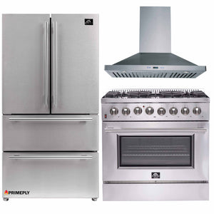 Forno 3-Piece Appliance Package - 36-Inch Dual Fuel Range, 36-Inch Refrigerator & Wall Mount Hood in Stainless Steel
