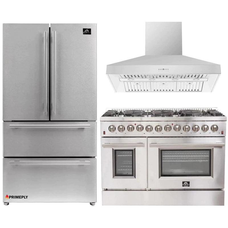 Forno 3-Piece Appliance Package - 48-Inch Dual Fuel Range, 36-Inch Refrigerator & Wall Mount Hood in Stainless Steel