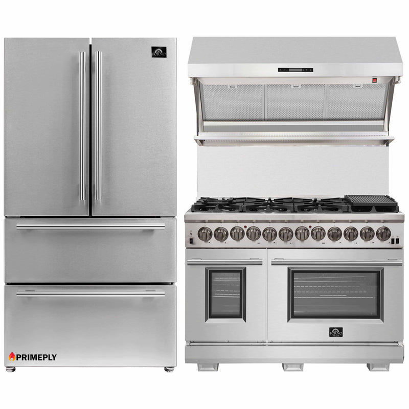 Forno 3-Piece Pro Appliance Package - 48-Inch Dual Fuel Range, Refrigerator, & Wall Mount Hood with Backsplash in Stainless Steel