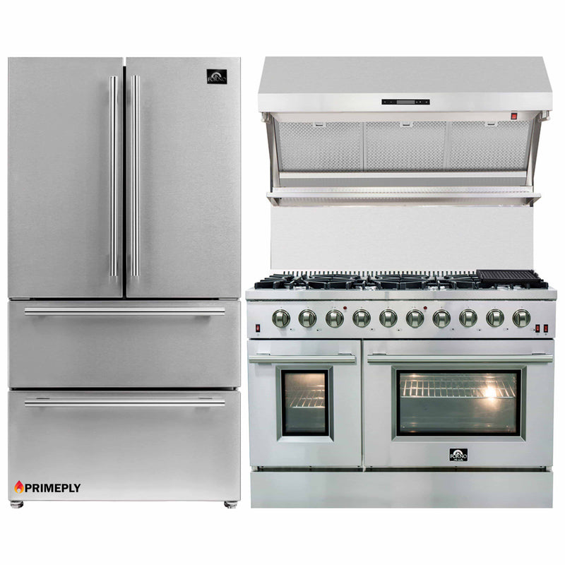 Forno 3-Piece Appliance Package- 48-Inch Gas Range, Refrigerator, & Wall Mount Hood with Backsplash in Stainless Steel