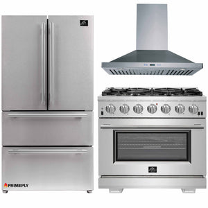 Forno 3-Piece Pro Appliance Package - 36-Inch Gas Range, Refrigerator, & Wall Mount Hood in Stainless Steel
