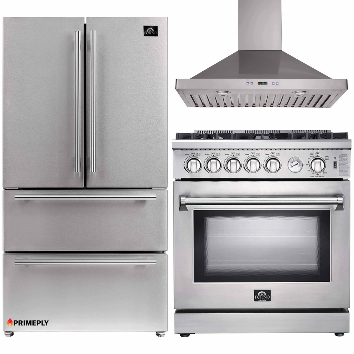 Forno 3-Piece Appliance Package - 30-Inch Gas Range, 36-Inch Refrigerator & Wall Mount Hood in Stainless Steel