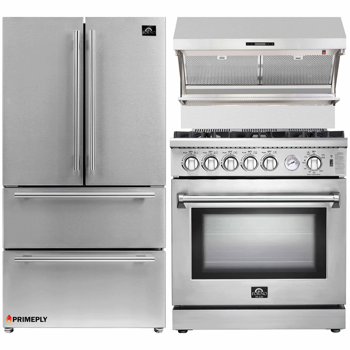 Forno 3-Piece Appliance Package - 30-Inch Gas Range, Refrigerator, & Wall Mount Hood with Backsplash in Stainless Steel