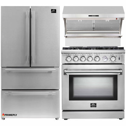 Forno 3-Piece Appliance Package - 30-Inch Gas Range, Refrigerator, & Wall Mount Hood with Backsplash in Stainless Steel