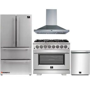 Forno 4-Piece Pro Appliance Package - 36-Inch Dual Fuel Range, Refrigerator, Wall Mount Hood, & 3-Rack Dishwasher in Stainless Steel