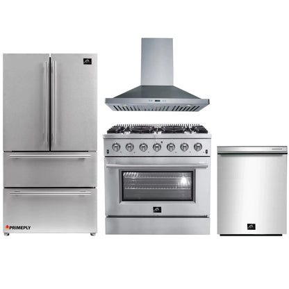 Forno 4-Piece Appliance Package - 36-Inch Gas Range, Refrigerator, Wall Mount Hood, & 3-Rack Dishwasher in Stainless Steel