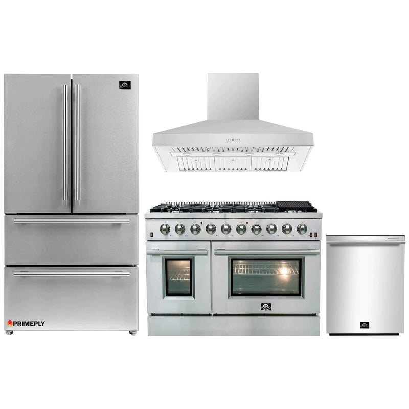 Forno 4-Piece Appliance Package - 48-Inch Gas Range, Refrigerator, Wall Mount Hood, & 3-Rack Dishwasher in Stainless Steel