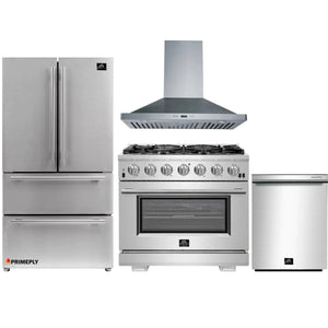 Forno 4-Piece Pro Appliance Package - 36-Inch Gas Range, Refrigerator, Wall Mount Hood, & 3-Rack Dishwasher in Stainless Steel