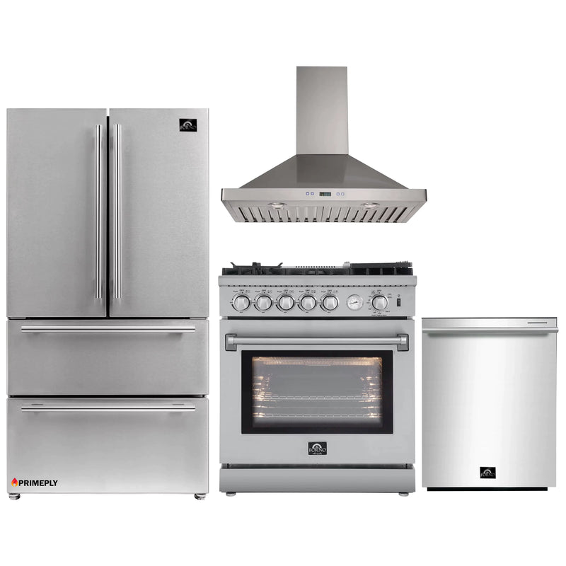 Forno 4-Piece Appliance Package - 30-Inch Gas Range with Air Fryer, Refrigerator, Wall Mount Hood, & 3-Rack Dishwasher in Stainless Steel