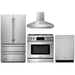 Thor Kitchen 4-Piece Appliance Package - 36-Inch Gas Range with Tilt Panel, French Door Refrigerator, Pro-Style Wall Mount Hood, and Dishwasher in Stainless Steel