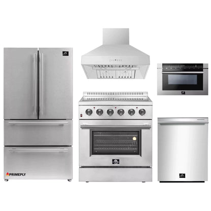 Forno 5-Piece Appliance Package - 30-Inch Electric Range, Wall Mount Range Hood, French Door Refrigerator, Dishwasher, and Microwave Drawer in Stainless Steel