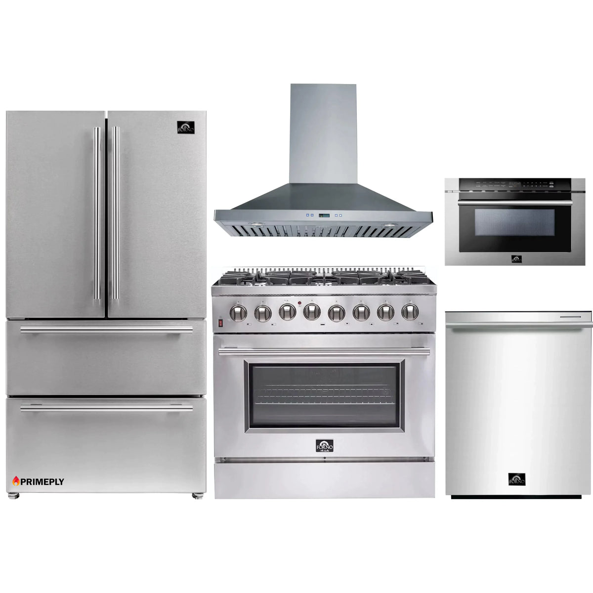 Forno 5-Piece Appliance Package - 36-Inch Dual Fuel Range, Refrigerator, Wall Mount Hood, Microwave Drawer, & 3-Rack Dishwasher in Stainless Steel