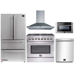 Forno 5-Piece Appliance Package - 36-Inch Dual Fuel Range, Refrigerator, Wall Mount Hood, Microwave Drawer, & 3-Rack Dishwasher in Stainless Steel