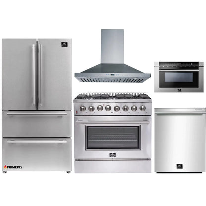 Forno 5-Piece Appliance Package - 36-Inch Dual Fuel Range, Refrigerator, Wall Mount Hood, Microwave Drawer, & 3-Rack Dishwasher in Stainless Steel