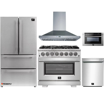 Forno 5-Piece Pro Appliance Package - 36-Inch Dual Fuel Range, Refrigerator, Wall Mount Hood, Microwave Drawer, & 3-Rack Dishwasher in Stainless Steel