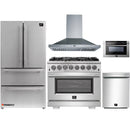 Forno 5-Piece Pro Appliance Package - 36-Inch Dual Fuel Range, Refrigerator, Wall Mount Hood, Microwave Drawer, & 3-Rack Dishwasher in Stainless Steel