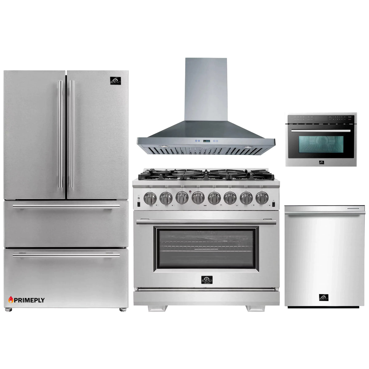 Forno 5-Piece Pro Appliance Package - 36-Inch Dual Fuel Range, Refrigerator, Wall Mount Hood, Microwave Oven, & 3-Rack Dishwasher in Stainless Steel