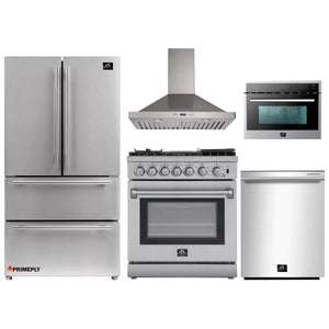 Forno 5-Piece Appliance Package - 30-Inch Dual Fuel Range with Air Fryer, Refrigerator, Wall Mount Hood, Microwave Oven, & 3-Rack Dishwasher in Stainless Steel