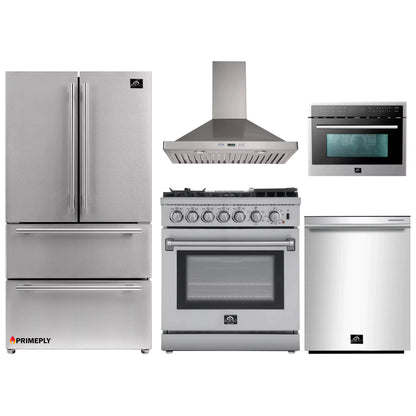 Forno 5-Piece Appliance Package - 30-Inch Dual Fuel Range with Air Fryer, Refrigerator, Wall Mount Hood, Microwave Oven, & 3-Rack Dishwasher in Stainless Steel