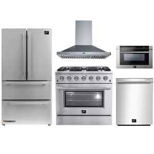 Forno 5-Piece Appliance Package - 36-Inch Gas Range, Refrigerator, Wall Mount Hood, Microwave Drawer, & 3-Rack Dishwasher in Stainless Steel