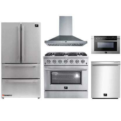 Forno 5-Piece Appliance Package - 36-Inch Gas Range, Refrigerator, Wall Mount Hood, Microwave Drawer, & 3-Rack Dishwasher in Stainless Steel