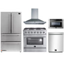 Forno 5-Piece Appliance Package - 36-Inch Gas Range, Refrigerator, Wall Mount Hood, Microwave Drawer, & 3-Rack Dishwasher in Stainless Steel