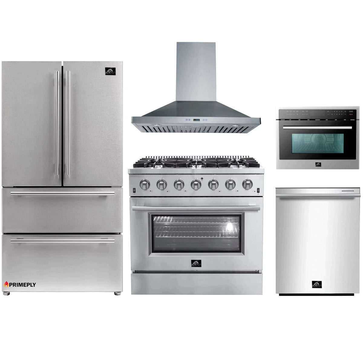 Forno 5-Piece Appliance Package - 36-Inch Gas Range, Refrigerator, Wall Mount Hood, Microwave Oven, & 3-Rack Dishwasher in Stainless Steel