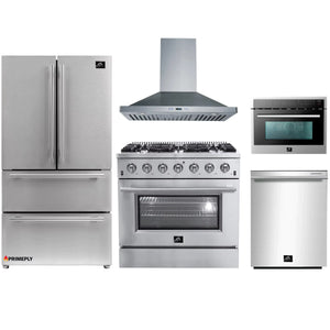 Forno 5-Piece Appliance Package - 36-Inch Gas Range, Refrigerator, Wall Mount Hood, Microwave Oven, & 3-Rack Dishwasher in Stainless Steel