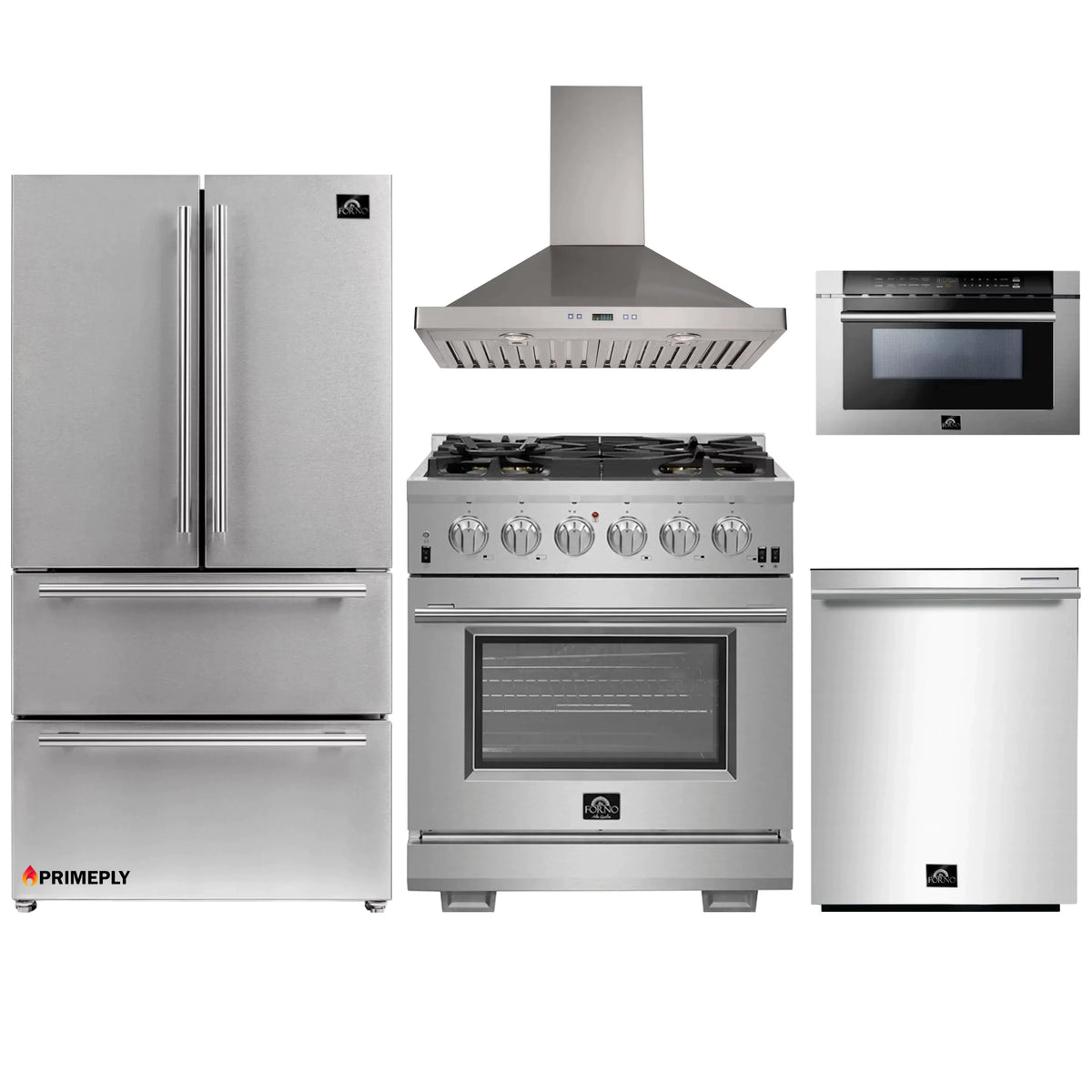 Forno 5-Piece Pro Appliance Package - 30-Inch Gas Range, Refrigerator, Wall Mount Hood, Microwave Drawer, & 3-Rack Dishwasher in Stainless Steel