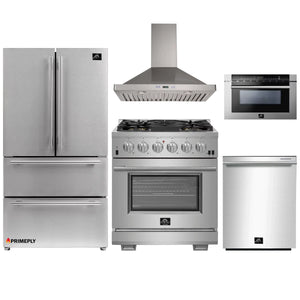 Forno 5-Piece Pro Appliance Package - 30-Inch Gas Range, Refrigerator, Wall Mount Hood, Microwave Drawer, & 3-Rack Dishwasher in Stainless Steel