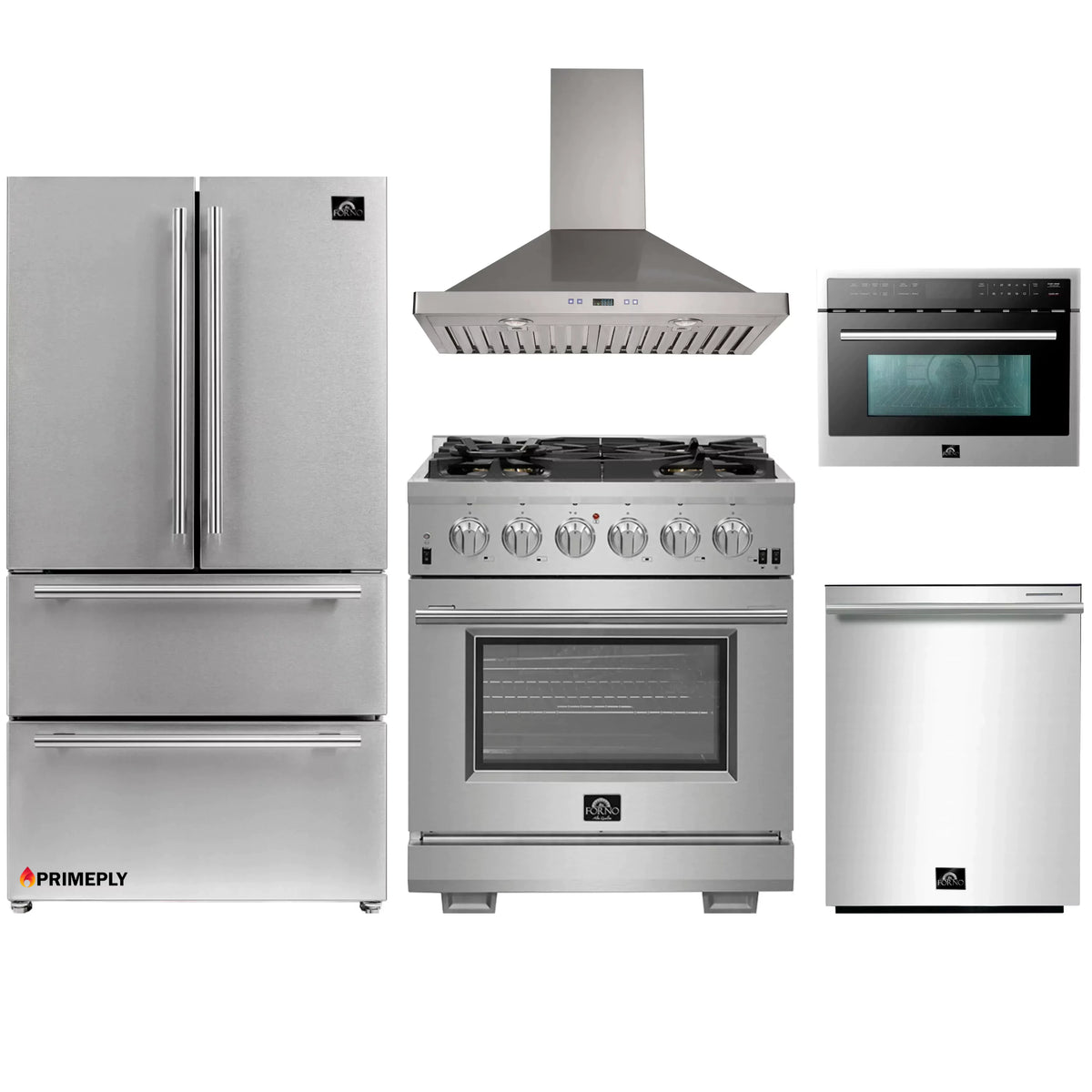 Forno 5-Piece Pro Appliance Package - 30-Inch Gas Range, 36-Inch Refrigerator Wall Mount Hood, Microwave Oven, & 3-Rack Dishwasher in Stainless Steel