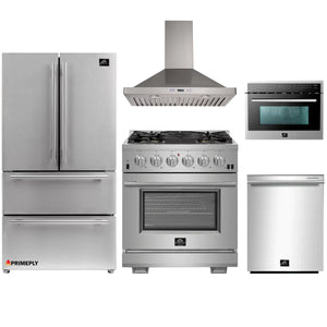 Forno 5-Piece Pro Appliance Package - 30-Inch Gas Range, 36-Inch Refrigerator Wall Mount Hood, Microwave Oven, & 3-Rack Dishwasher in Stainless Steel