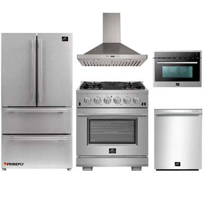 Forno 5-Piece Pro Appliance Package - 30-Inch Gas Range, 36-Inch Refrigerator Wall Mount Hood, Microwave Oven, & 3-Rack Dishwasher in Stainless Steel