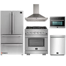 Forno 5-Piece Pro Appliance Package - 30-Inch Gas Range, 36-Inch Refrigerator Wall Mount Hood, Microwave Oven, & 3-Rack Dishwasher in Stainless Steel