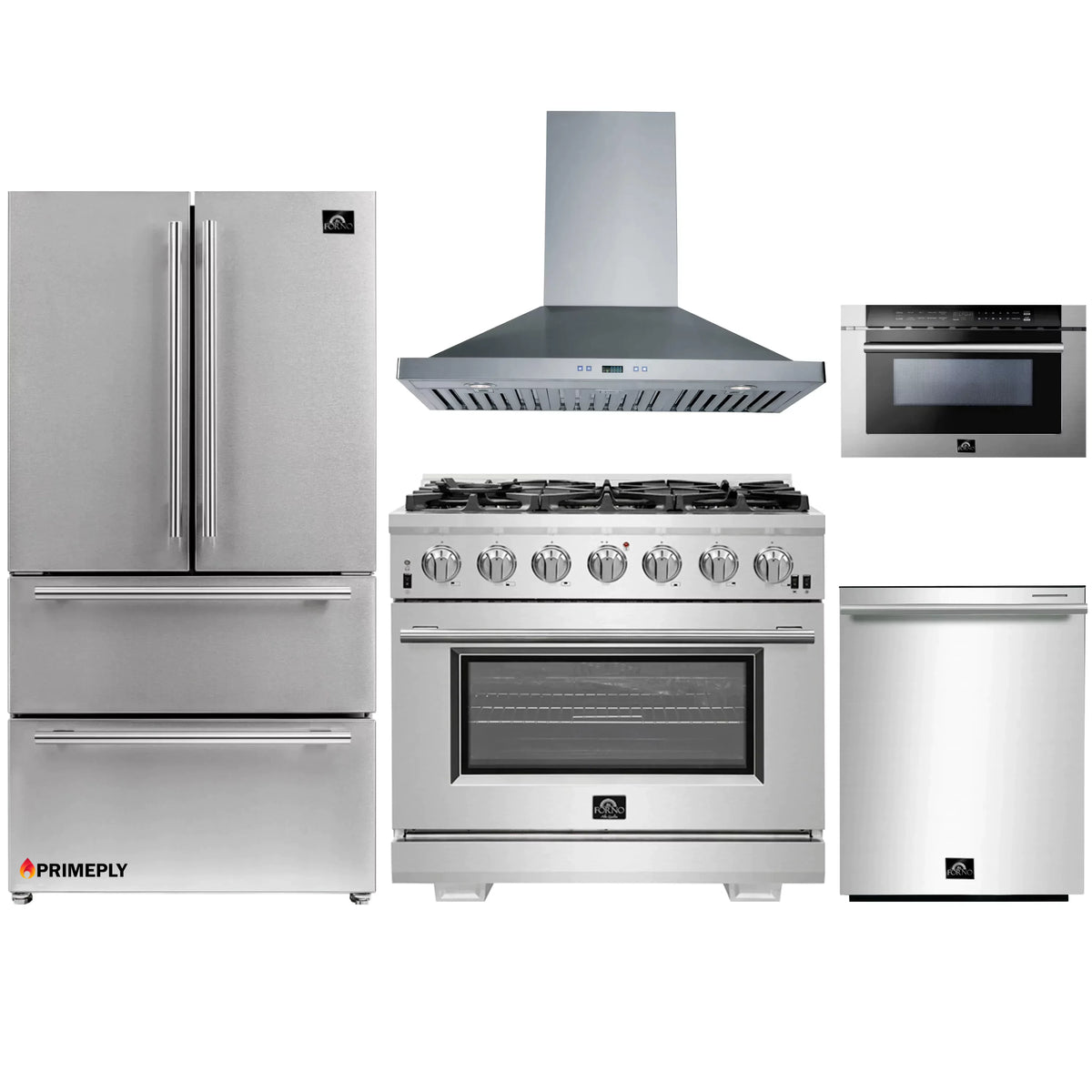 Forno 5-Piece Pro Appliance Package - 36-Inch Gas Range, Refrigerator, Wall Mount Hood, Microwave Drawer, & 3-Rack Dishwasher in Stainless Steel