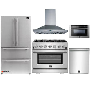 Forno 5-Piece Pro Appliance Package - 36-Inch Gas Range, Refrigerator, Wall Mount Hood, Microwave Drawer, & 3-Rack Dishwasher in Stainless Steel