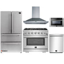 Forno 5-Piece Pro Appliance Package - 36-Inch Gas Range, Refrigerator, Wall Mount Hood, Microwave Drawer, & 3-Rack Dishwasher in Stainless Steel