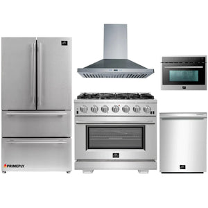 Forno 5-Piece Pro Appliance Package - 36-Inch Gas Range, Refrigerator, Wall Mount Hood, Microwave Oven, & 3-Rack Dishwasher in Stainless Steel
